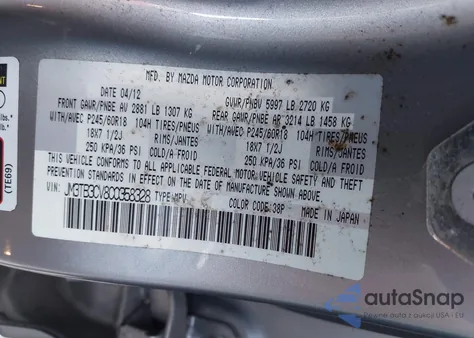 2012 Mazda Cx-9 Touring z USA, uszkodzony, nr VIN JM3TB3CV8C0358328